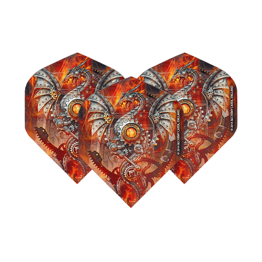 Dragon Alchemy Tech No2 Vols Standard Das Bild zeigt drei Dart-Flights mit einem mechanischen Drachenmotiv in leuchtenden Orange- und Silbertönen. Die Flights sind das Produkt "Alchemy Tech Dragon No2 Standard Flights".