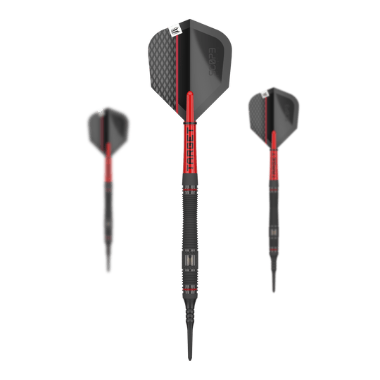 Target Scope 11 Softdarts Das Bild zeigt drei Softdarts des Produkts „Target Scope 11“. Die Darts haben ein schwarzes und rotes Design mit strukturierten Flights.