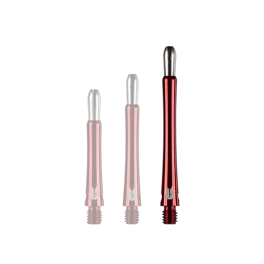 146240_Target_Grip_Style_Aluminium_Shafts_Rot_485mm_1ScOcjkHeY5Z1M Das Bild zeigt drei rote Aluminium-Dartschäfte in unterschiedlichen Längen. Die Schäfte sind glänzend und unten mit einem Gewinde versehen.
