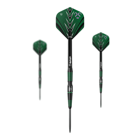 Auf dem Bild ist ein Set der Bulls Brian Raman G2 Steeldarts dargestellt. Das Set ist für Steeldart-Enthusiasten geeignet.