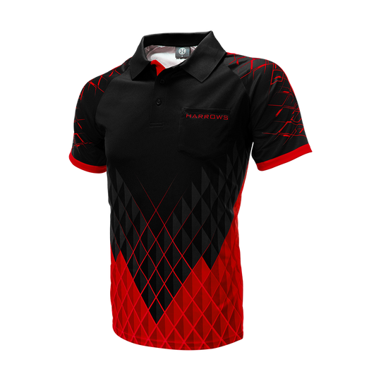 HRS-26036_Harrows_Paragon_Dartshirt_Rot_3 Das Bild zeigt ein Harrows Paragon Dartshirt in den Farben Schwarz und Rot. Das Shirt hat ein auffälliges Rautenmuster und einen Kragen mit Knopfleiste.
