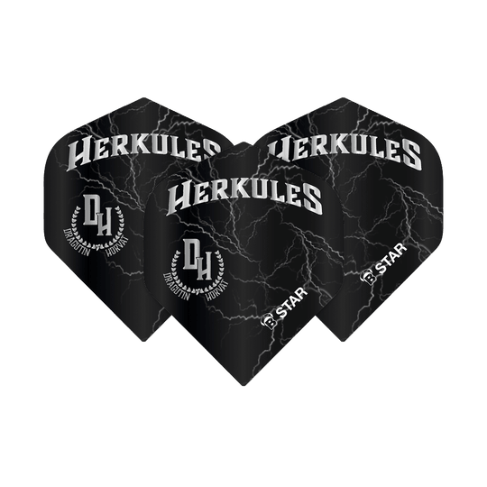 BL51843_Bulls_B-Star_Dragutin_Horvat_No2_Standard_Flights_1I3Zw9LYfF49bA Das Bild zeigt drei schwarze Dartflights mit dem weißen Schriftzug "HERKULES" und einem Blitzmuster. Darunter stehen die Initialen "DH" sowie die Namen "Dragutin Horvat" und der Markenname "B-Star".