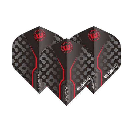 6915-306_Winmau_Prism_Zeta_GreyRed_Standard_Flights_1fPpGflTHlsCKi Das Bild zeigt drei Dart-Flights des Modells "Winmau Prism Zeta GreyRed Standard". Die Flights sind grau mit roten Akzenten und einem modernen Muster gestaltet.