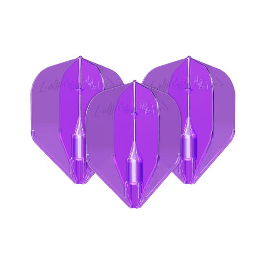 Plumas L-Style Fantom L3EZ Moradas Das Bild zeigt drei violette L-Style Fantom L3EZ Flights für Darts. Sie sind nebeneinander angeordnet und haben eine glänzende, transparente Oberfläche.