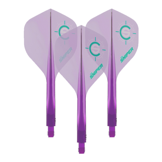 Condor Axe 120 Connor Scutt Sniper Clear Purple Flight-System - Standard Das Bild zeigt drei lilafarbene Dart-Flights des Modells „Condor Axe 120 Connor Scutt Sniper Clear Purple“. Auf den Flights ist ein grünes Ziel-Logo sowie das Wort „Sniper“ zu sehen.