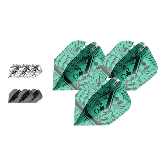 Target Ink Bundle 3 Sets Rob Cross Ten-X Flights Das Bild zeigt das Produkt „Target Ink Bundle 3 Sets Rob Cross Ten-X Flights“. Es sind drei verschiedene Dart-Flights mit auffälligen Mustern zu sehen, darunter ein grünes Design mit Totenkopf.