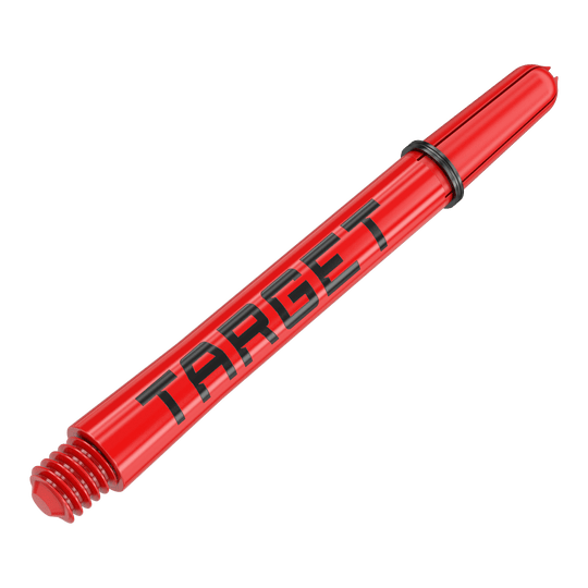 Target Pro Grip TAG Shafts - 3 Sets - Rot Auf dem Bild ist ein roter Dart-Schaft mit der Aufschrift "TARGET" zu sehen. Der Schaft hat am Ende ein Schraubgewinde und einen schwarzen Gummiring.