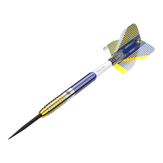 Winmau Daryl Gurney SC 1.0 Series Steeldarts - 23g Das Bild zeigt einen Winmau Daryl Gurney SC 1.0 Series Steeldart mit einem Gewicht von 23g. Der Dart ist bunt gestaltet, hauptsächlich in Blau, Gelb und Silber.