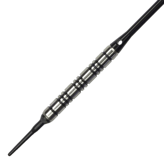McDart 85er Tungsten V2 Softdarts - 17g Das Bild zeigt einen McDart 85er Tungsten V2 Softdart mit einem Gewicht von 17g. Der Dart besteht aus silbernem Metall mit schwarzen Rillen und besitzt eine schwarze Kunststoffspitze.
