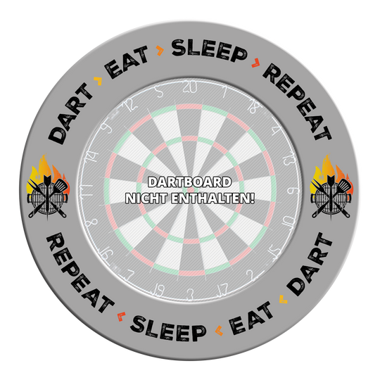 Diana McDart: Dardos, Comer, Dormir, Repetir Grau gefärbtes Dartboard-Surround mit dem Text 'Dart Eat Sleep Repeat'. Das Bild präsentiert eine Detailansicht des Produkts.