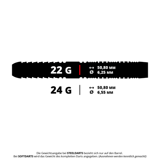 Dardos de acero paralelos Red Dragon Recon Das Bild zeigt Steeldarts mit dem Namen 'Recon Parallel' von Red Dragon. Die Darts wiegen 22 Gramm.