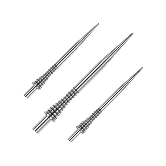 Punte per freccette in acciaio argentato Red Dragon Raptor Gripped da 38 mm Das Bild zeigt drei silberne Steeldartspitzen mit geriffeltem Griffdesign. Es handelt sich um das Produkt "Red Dragon Raptor Gripped Silver Steeldartspitzen 38mm".