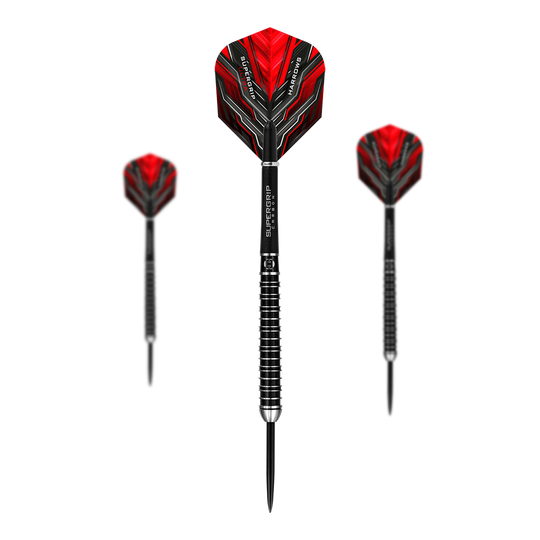 Lotki stalowe Harrows Supergrip Ultra Das Bild zeigt drei Harrows Supergrip Ultra Steeldarts mit roten Flights. Die Darts haben einen schwarzen Schaft mit silbernen Ringen und spitzen Metallspitzen.