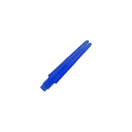 Auf dem Bild ist ein gerader, blauer Dart-Schaft ohne Kappen zu sehen. Er hat ein Gewinde am unteren Ende und ist 26 mm lang.