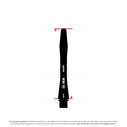 C648_Red_Dragon_Gerwyn_Price_V-Groove_Aluminium_Shafts_Black_5_36mm Das Bild zeigt einen schwarzen Aluminium-Dartshaft mit einer Länge von 36 mm. Auf dem Shaft steht "SHORT" und "36 MM" und an den Enden sind rote Markierungen.