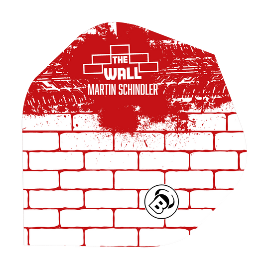 Bulls Metrixx Martin Schindler Blanc Rouge N°2 Vols Standard Das Bild zeigt ein Dart-Flight mit einem weißen Ziegelmuster und roten Farbspritzern. Oben steht „THE WALL MARTIN SCHINDLER“ und unten ist ein „B“-Logo abgebildet.