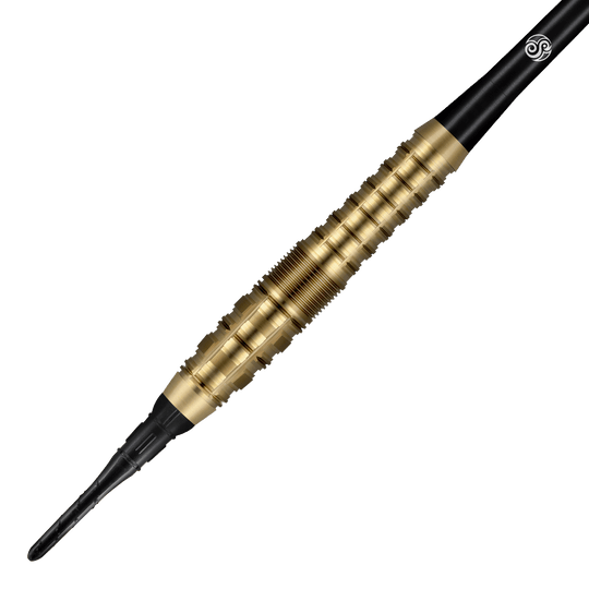 Dardos suaves Shot Redline Gizmo - 20 g Das Bild zeigt einen Shot Redline Gizmo Softdart mit einem Gewicht von 20 Gramm. Der Dartpfeil hat einen goldfarbenen, geriffelten Griffbereich und eine schwarze Spitze.