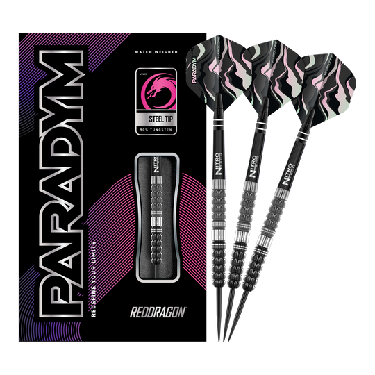 Dardos de acero cónicos Red Dragon Paradym Das Bild zeigt das Produkt "Red Dragon Paradym Tapered Steeldarts" mit einer schwarzen Verpackung und drei Steeldarts. Die Darts haben schwarze, silberne und rosafarbene Details sowie auffällige Flights.