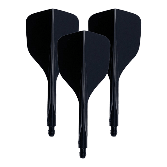 Condor Ax 120 Flight System Nero - Piccolo Das Bild zeigt drei schwarze Dart-Flights mit integriertem Schaft. Es handelt sich um das Produkt "Condor Axe 120 Flight-System Schwarz - Small".
