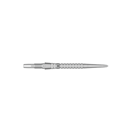 Target Chrono Swiss Storm Point Dart Tips - Silver Zwei silberfarbene Dartspitzen werden angezeigt. Die Spitzen sind parallel und nebeneinander ausgerichtet.