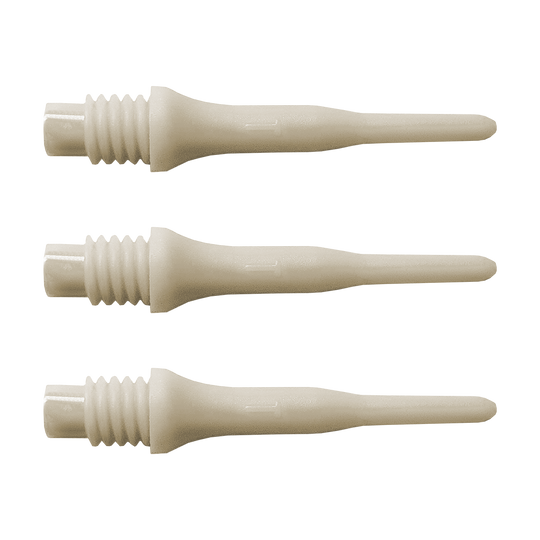 Das Bild zeigt drei helle Kunststoffspitzen mit Gewinde. Es handelt sich um Bulls Tefo X Spitzen, die als Ersatzteile für Softdarts verwendet werden.