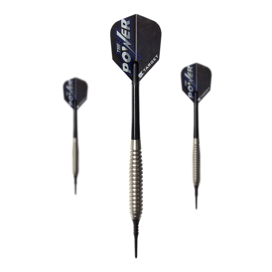 Target Phil Taylor Power Silverlight Softdarts Das Bild zeigt drei Softdarts des Modells "Target Phil Taylor Power Silverlight". Die Darts haben silberne Griffe und schwarze Flights mit der Aufschrift "The Power".