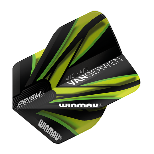6915-145_Winmau_Prism_Alpha_MvG_Black_Green_V2_Standard_Flights_2 Winmau Prism Alpha MvG Black Green V2 Standard Flights als Set dargestellt. Sie zeigen klare Konturen.