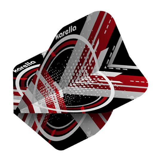 8032-10_Karella_XT-3_No2_Standard_Flights_2 Das Bild zeigt die Karella XT-3 No2 Standard Flights mit einem modernen, grafischen Design in Rot, Schwarz, Weiß und Grau. Der Schriftzug „Karella“ ist auf den Flights deutlich sichtbar.