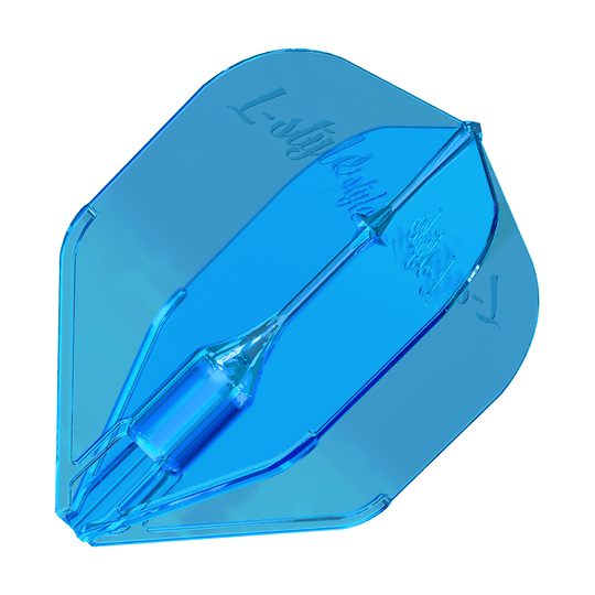 L-Style Fantom L3EZ Flights Blue Das Bild zeigt ein blaues Dart-Flight mit dem Namen "L-Style Fantom L3EZ". Es hat eine transparente Optik und die Aufschrift "L-Style" ist darauf zu sehen.