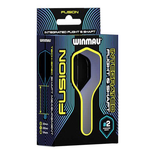 Sistema di alberi di volo Winmau Fusion standard nero Auf dem Bild ist eine Verpackung des Winmau Fusion Integrated Flight & Shaft Systems zu sehen. Die Schachtel ist schwarz mit blauen und gelben Akzenten und enthält Flights und Shafts für Darts.