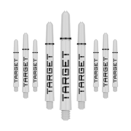Wałki Target Pro Grip TAG – 3 zestawy – białe Das Bild zeigt neun weiße Dartschäfte mit der Aufschrift "TARGET" in schwarzer Schrift. Sie sind in zwei Reihen angeordnet, wobei die mittleren Schäfte größer erscheinen.
