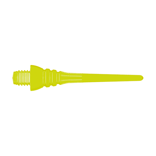 Winmau Triton Softtip Points Softdartspitzen (50-er Pack) Auf dem Bild ist eine gelbe Softdartspitze zu sehen. Sie hat ein Schraubgewinde auf der linken Seite und läuft nach rechts spitz zu.