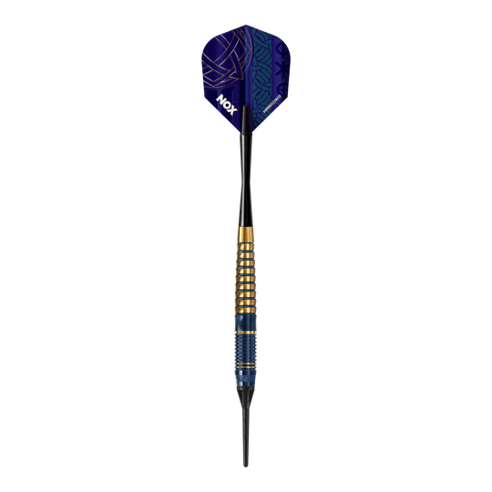 Dardos blandos de latón premium Harrows Nox Harrows Nox Premium Brass Softdarts. Gezeigt wird ein Softdart-Set aus der Nox Premium Brass Serie von Harrows.