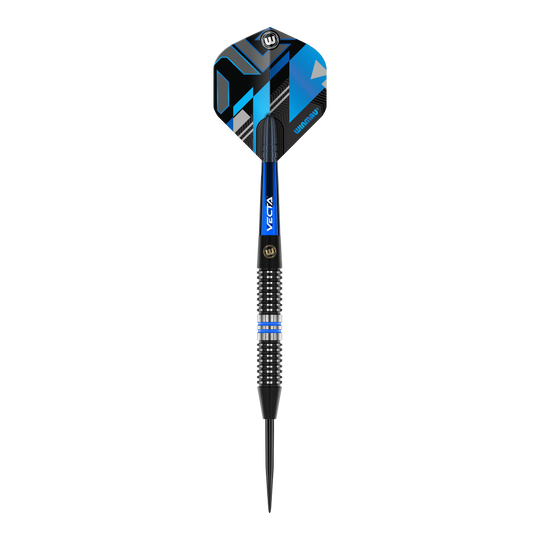 Winmau Galactics Steeldarts Das Bild zeigt einen Winmau Galactics Steeldart mit einem modernen, blauen und schwarzen Design. Der Dart hat eine strukturierte Griffzone und eine spitze Stahlspitze.