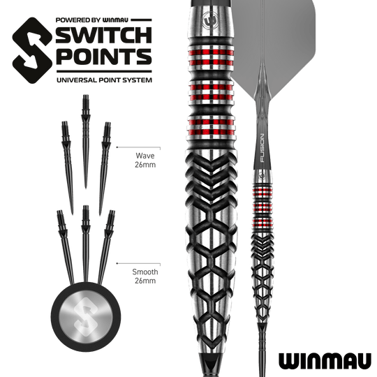 Puntos de conmutación de torpedos Winmau Fornax Steeldarts Das Bild zeigt die Winmau Fornax Torpedo Switch Points Steeldarts. Diese Steeldarts sind speziell für hohe Präzision und Leistung entwickelt.