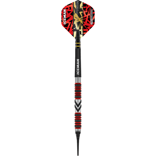 RD2569_Red_Dragon_Gerwyn_Price_Firebird_Softdarts_1ZUxYedrcixk60 Das Bild zeigt einen Red Dragon Gerwyn Price Firebird Softdart mit einem Gewicht von 20g. Der Dart hat ein auffälliges Design mit roten, schwarzen und goldenen Elementen.