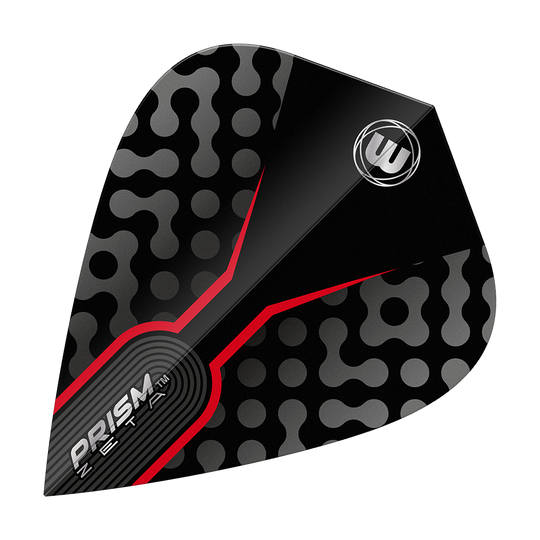 Vuelos Cometa Winmau Zeta Negro Rojo Das Bild zeigt ein Winmau Zeta Black Red Kite Flight für Darts. Das Flight ist schwarz mit grauen Punkten und auffälligen roten Akzenten gestaltet.