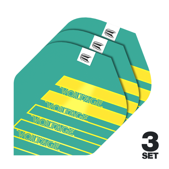 Target Pro Ultra Rob Cross Aqua No2 Standard Flights - 3 sady Das Bild zeigt drei Sets der Target Pro Ultra Rob Cross Aqua No2 Standard Flights. Die Flights sind türkis mit gelben Streifen und dem Schriftzug "VOLTAGE".