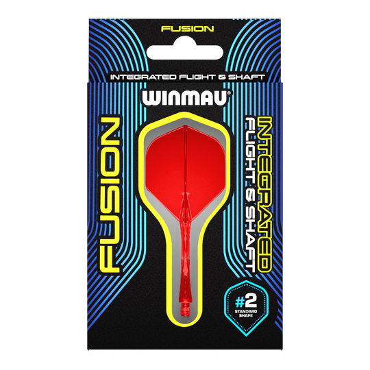 Das Bild zeigt eine Verpackung für das Winmau Fusion Integrated Flight & Shaft System in Rot. Im Mittelpunkt ist ein integrierter Dart-Flügel mit Schaft der Größe #2 im Standard-Shape zu sehen.