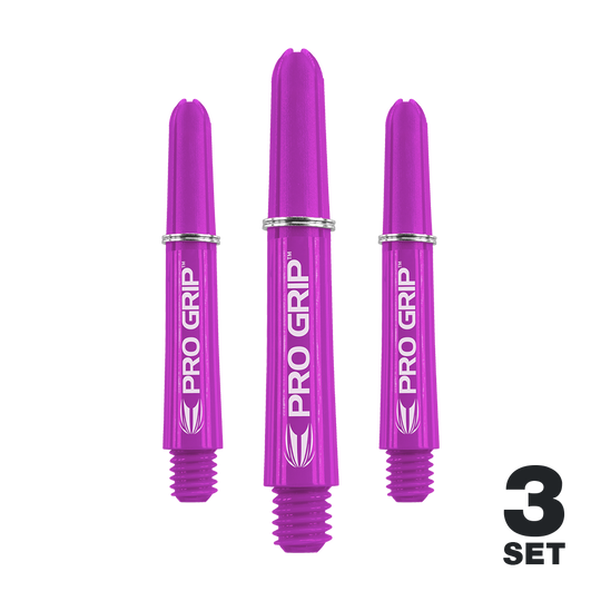 Tiges Target Pro Grip - 3 jeux - Violet Das Bild zeigt drei lila Dartshafts der Marke PRO GRIP. In der rechten unteren Ecke steht „3 SET“, was auf ein Set mit drei Stück hinweist.