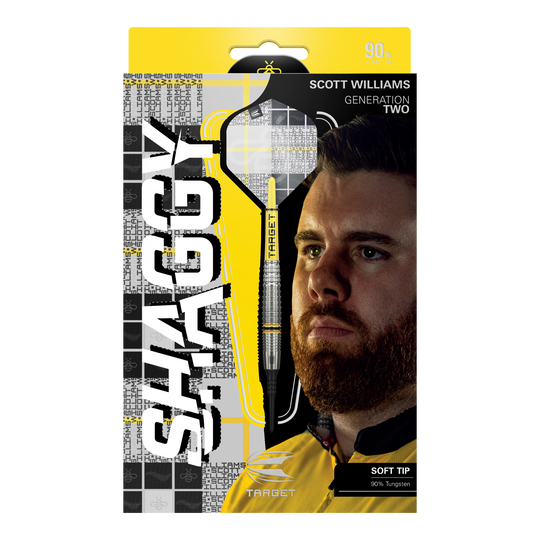 Dardos blandos Target Scott Williams GEN2 - 18 g Das Bild zeigt die Verpackung der "Target Scott Williams GEN2 Softdarts - 18g". Auf der Vorderseite sind ein Dartpfeil, das Gesicht von Scott Williams und der Schriftzug "SHAGGY" prominent zu sehen.
