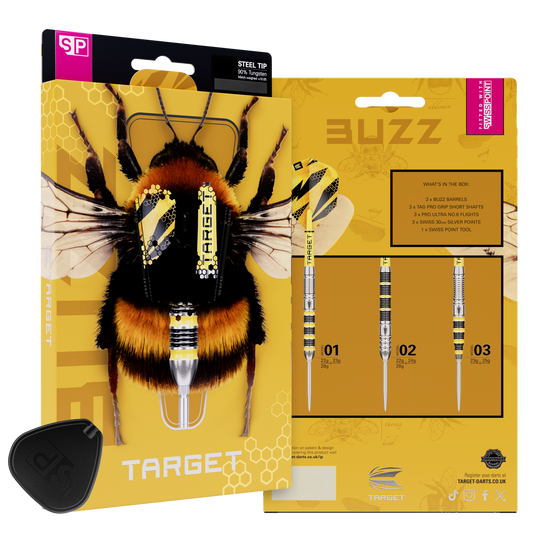 Target Buzz 01 Swiss Points Steeldarts Hier sieht man Target Buzz 01 Swiss Points Steeldarts. Die Darts zeichnen sich durch ihr spezielles Swiss Points System aus.