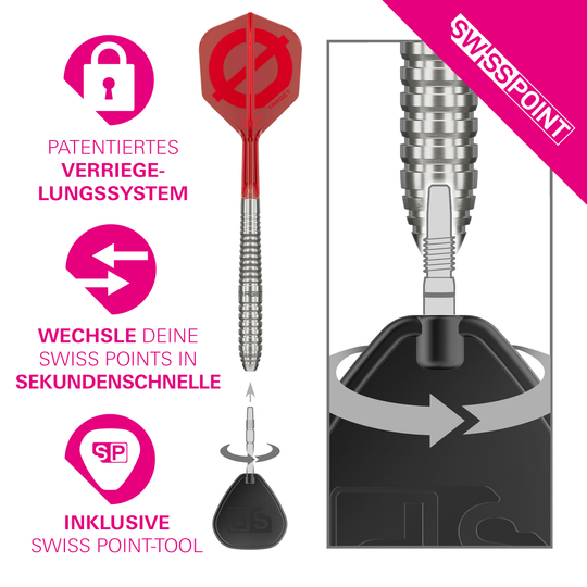 Targetová skupina O 01 Švýcarské body Steeldarts Hier sieht man die Target Group O 01 Swiss Points Steeldarts. Die Darts liegen auf einer ebenen Fläche.