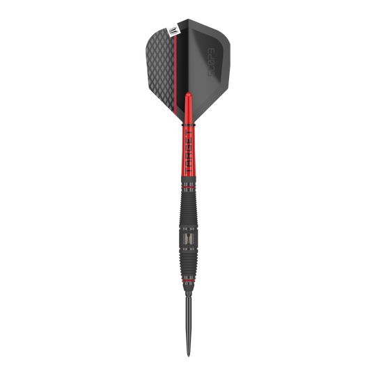 Dardos de acero Target Scope 03 Swiss Point Das Bild zeigt einen Target Scope 03 Swiss Point Steeldart. Der Dart hat ein modernes Design mit schwarzen und roten Elementen sowie einer strukturierten Griffzone.