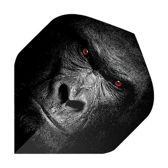 Lety v pětiboji Gorilla Das Bild zeigt ein Dart-Flight mit dem Gesicht eines Gorillas. Die Augen des Gorillas leuchten rot und der Hintergrund ist dunkel gehalten.