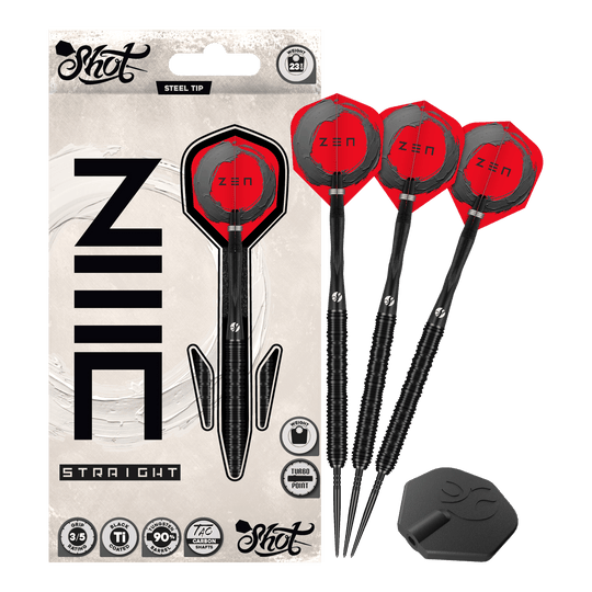 Lotki stalowe Shot ZEN Straight Turbo Point - 23 g Das Bild zeigt Shot ZEN Straight Turbo Point Steeldarts - 23g in voller Länge. Die Steeldarts werden vollständig dargestellt.