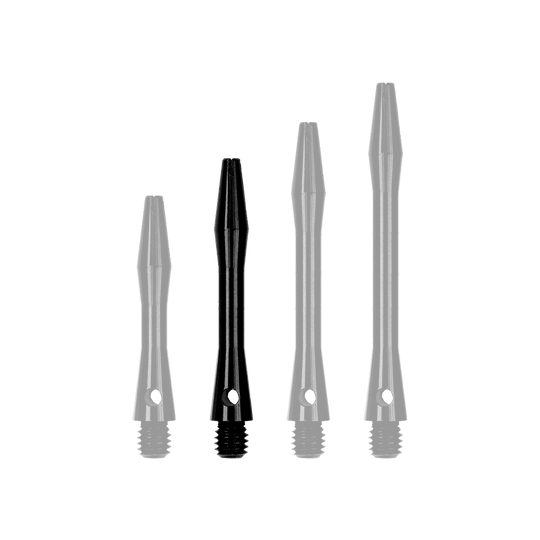 502_Aluminium_Shafts_Schwarz_35mm_1irLxveMb0BXGF Auf dem Bild sind vier schwarze Aluminium-Schäfte in unterschiedlichen Längen zu sehen. Sie stehen nebeneinander und haben alle ein Gewinde am unteren Ende.