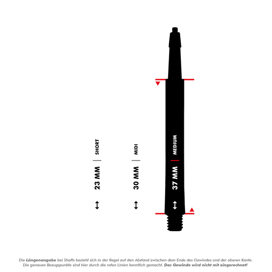 Das Bild zeigt die Harrows Clic Standard Shafts in Schwarz in drei verschiedenen Längen. Die Längen sind 23 mm (Short), 30 mm (Midi) und 37 mm (Medium).