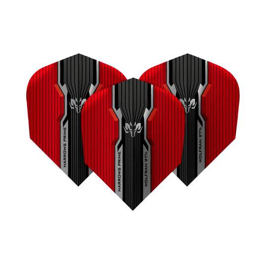 HR7514_Harrows_Prime_Wolfram_Infinity_No2_Standard_Flights_1dAI8INK1UQevs Das Bild zeigt drei Harrows Prime Wolfram Infinity No2 Standard Flights. Sie sind rot und schwarz mit einem modernen, kantigen Design.