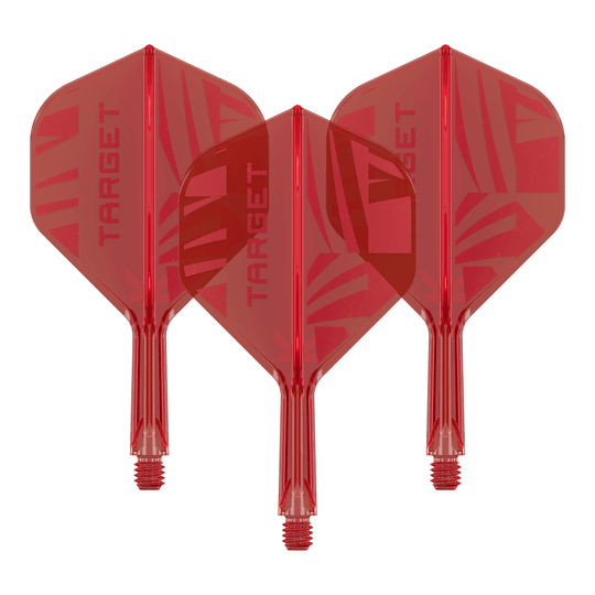 Standardní letky Target K-Flex Red No2 Hier ist ein Set Target K-Flex Red No2 Standard Flights in 19 mm zu sehen. Die Flights sind nebeneinander gelegt.